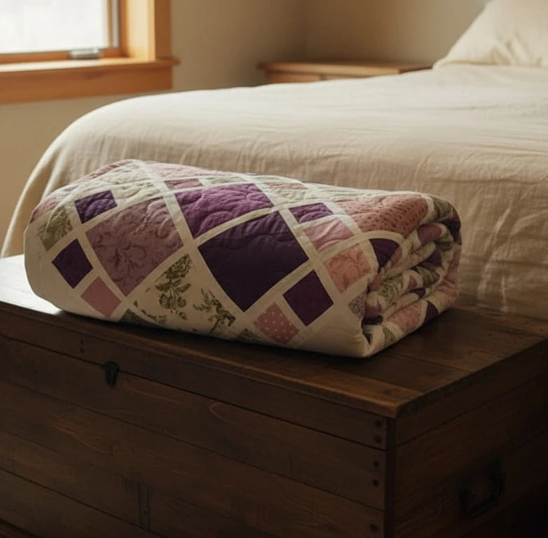 Folded handmade modern heirloom king quilt in shades of lavender and green on a wooden chest at the foot of a bed
