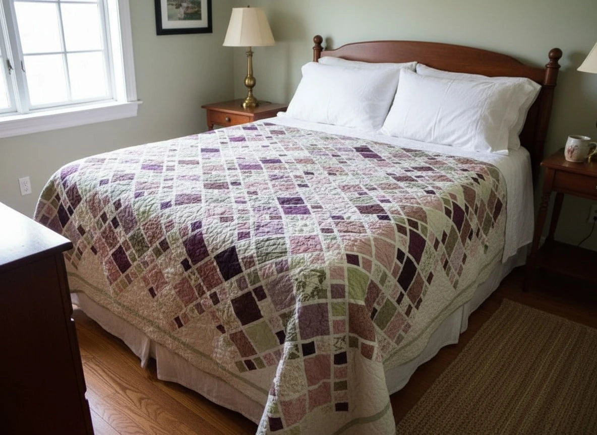 Lavender and green handmade quilt on a wooden bed with warm farmhouse decor, brass lamps, and gentle window light.