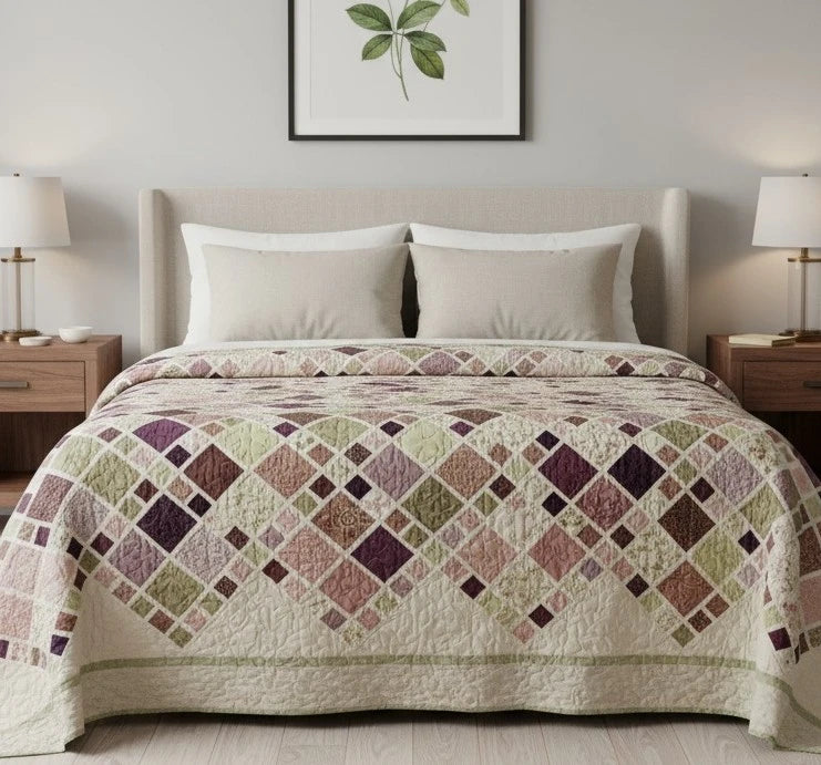 Handmade patchwork quilt in muted purples and greens styled in a modern neutral bedroom with upholstered headboard and botanical wall art.