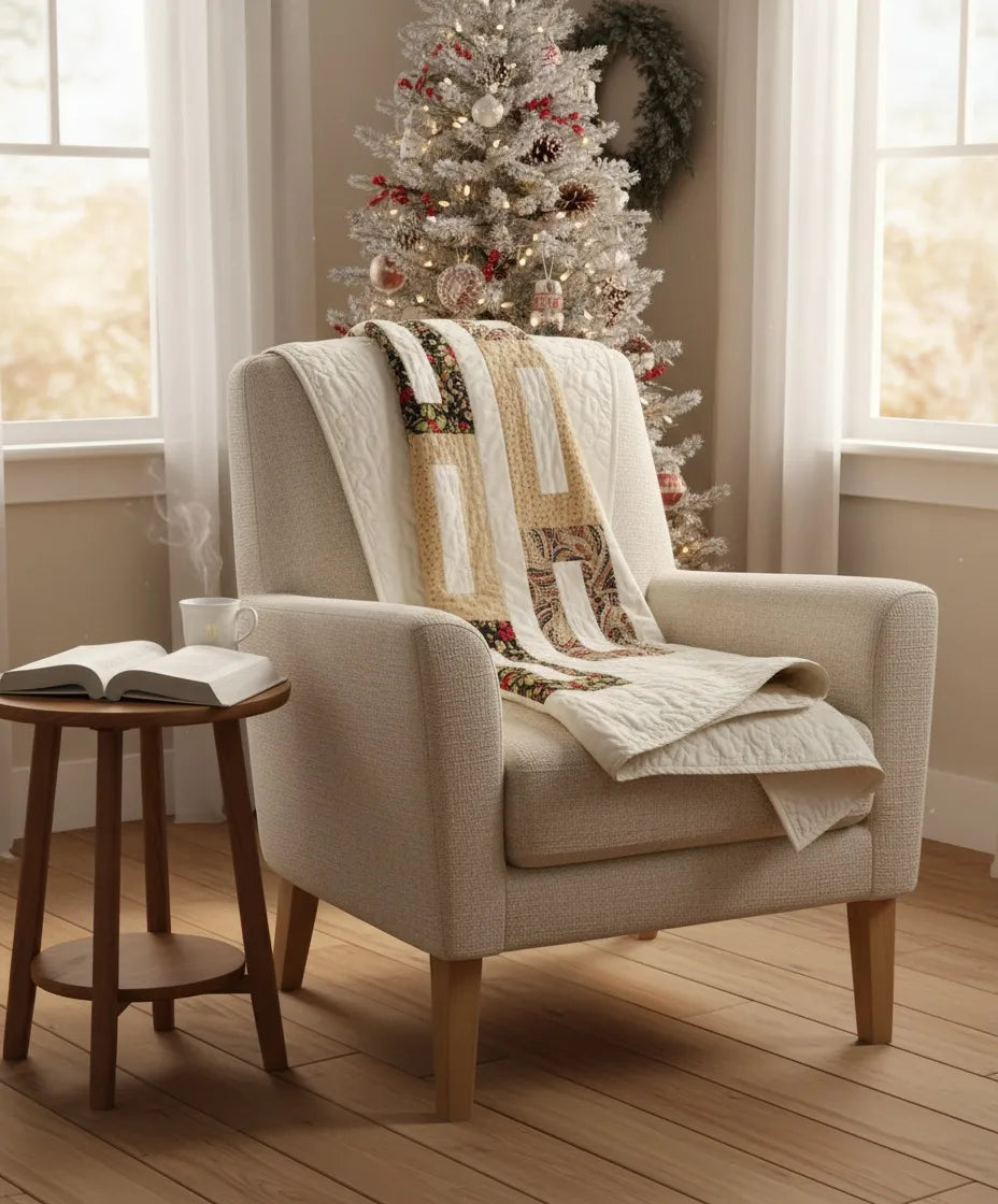 Elegant holiday quilt draped over the back of an armchair with a Christmas tree in the background