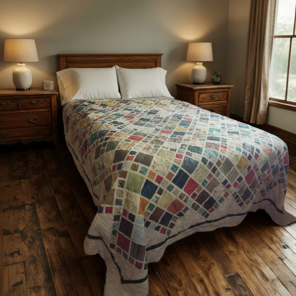 Handmade king quilt draped across a wooden farmhouse bed with warm light highlighting its collage-style fabrics and texture.
