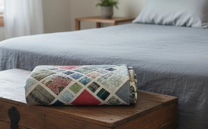 Folded handmade king quilt in layered blue, rust, and parchment tones resting on a gray wooden chest at the foot of a bed.