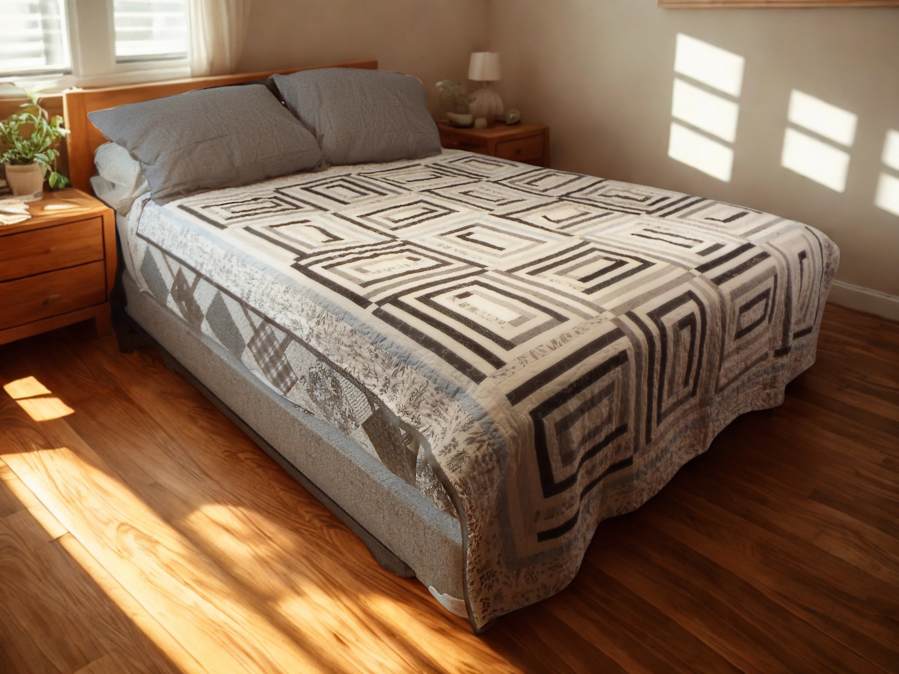 Handmade twin black and white quilt with geometric rectangles design displayed on a modern bed in a minimalist bedroom.