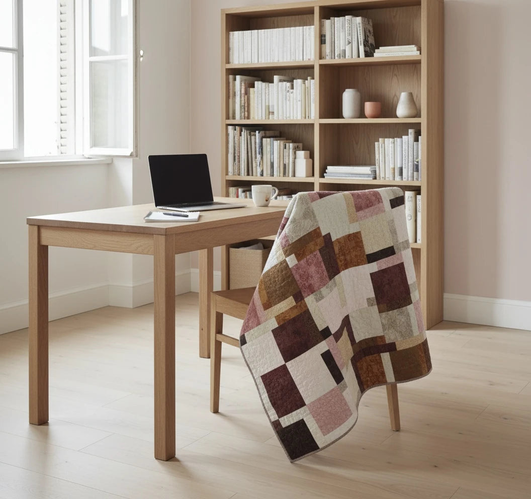 Quilt on the back of a wooden chair in a minimally styled office