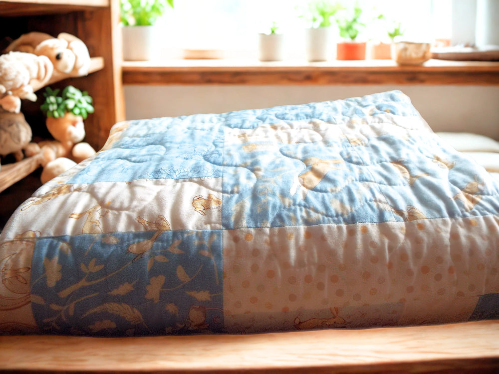 Folded blue baby quilt with bunny and polka-dot prints on nursery shel with soft toys