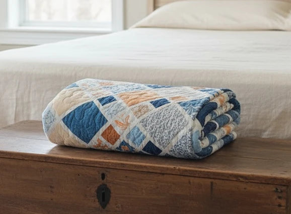Folded Softspoken Summer king quilt resting on a wooden chest, showing its refined finish and cozy weight.