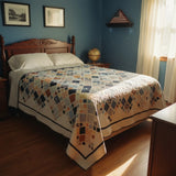 Softspoken Summer quilt styled in a traditional Americana bedroom with warm wood furniture and classic decor.