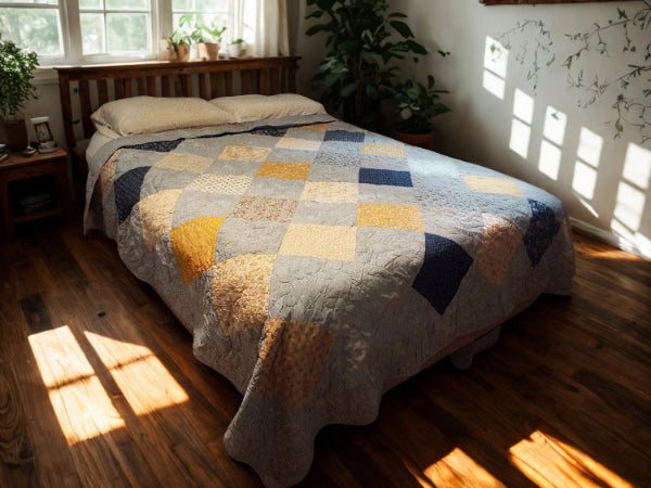 Queen bed with handmade blue and gold quilt near sheer curtains, styled in soft natural light.