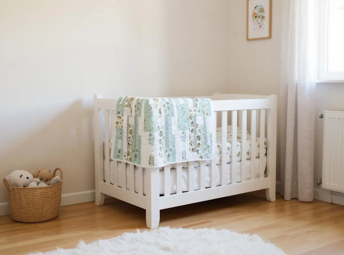Angled view of quilt draped over the corner of a white crib in a neutral nursery