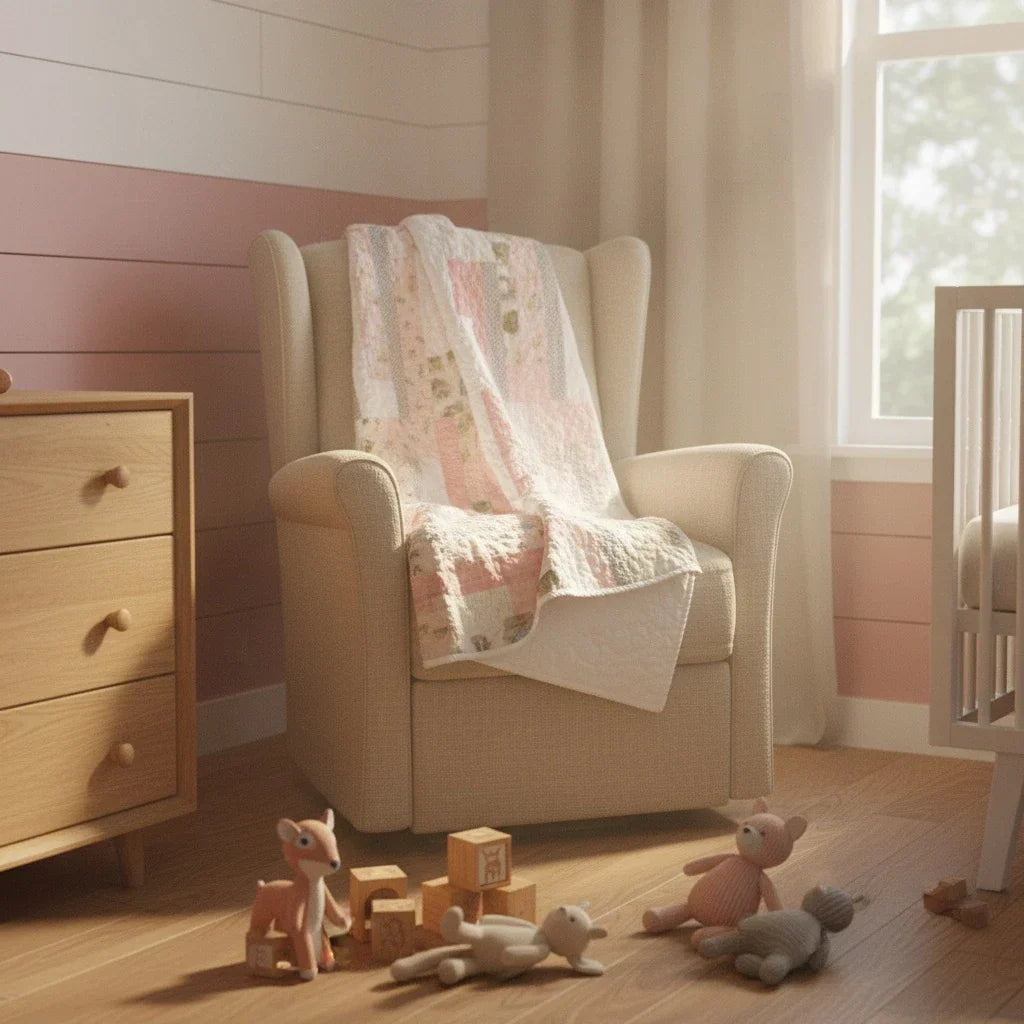 Daisy Dreams handmade quilt on back of wingback chair in styled nursery