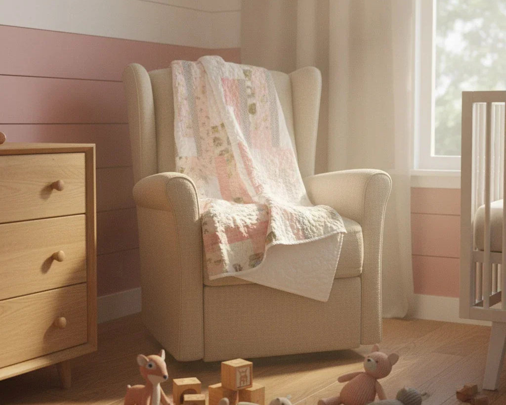 Daisy Dreams handmade quilt on back of wingback chair in styled nursery