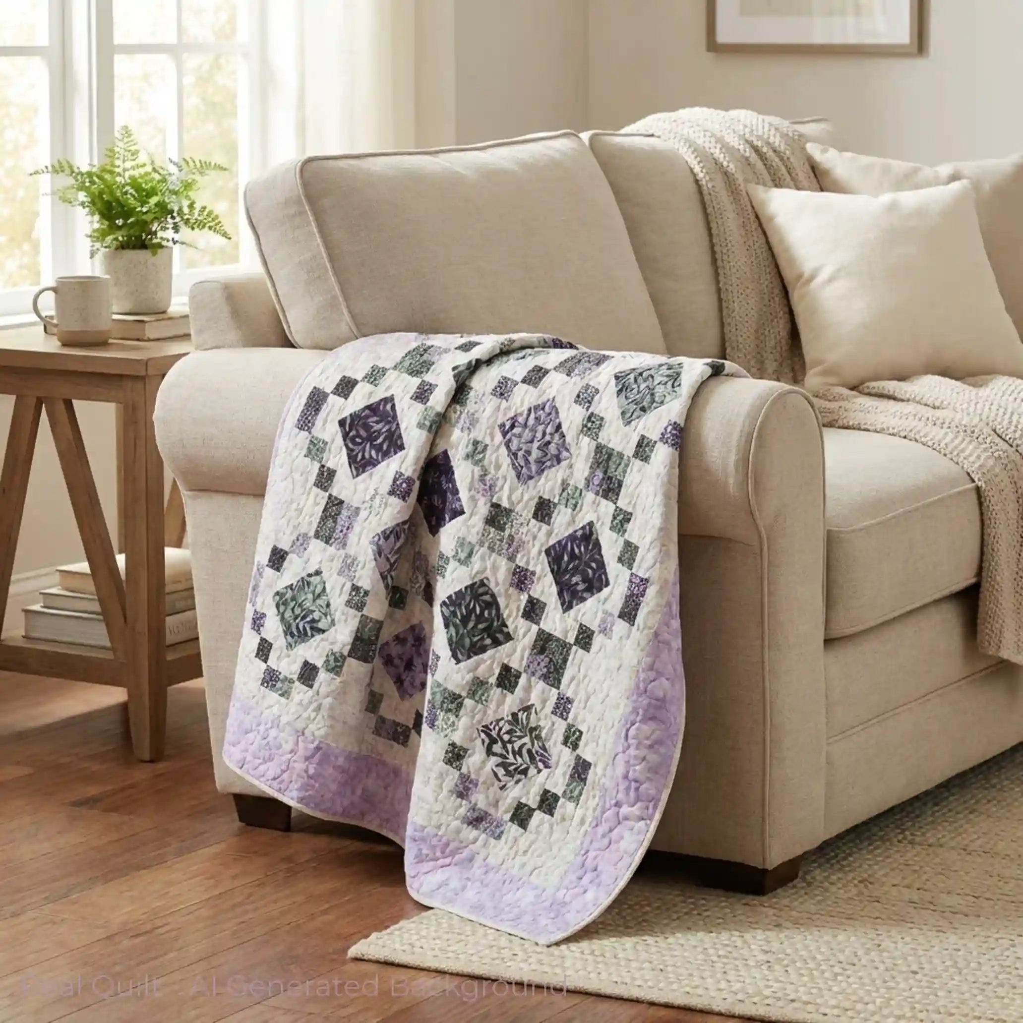 Patchwork quilt in purples and greens draped over a neutral sofa
