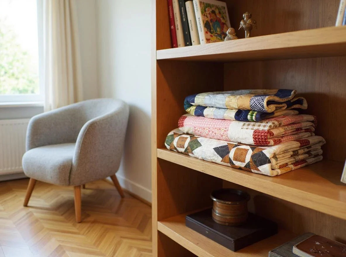 Quilt stack shown on a bookshelf in a minimally decorated room