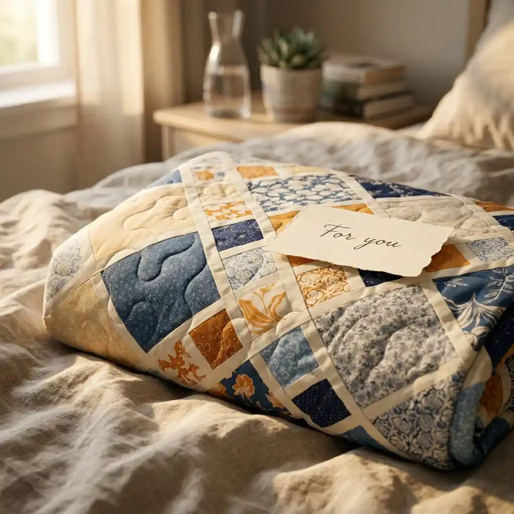 Folded patchwork quilt on a bed with a handwritten 'for you' card, representing a thoughtful handmade quilt gift