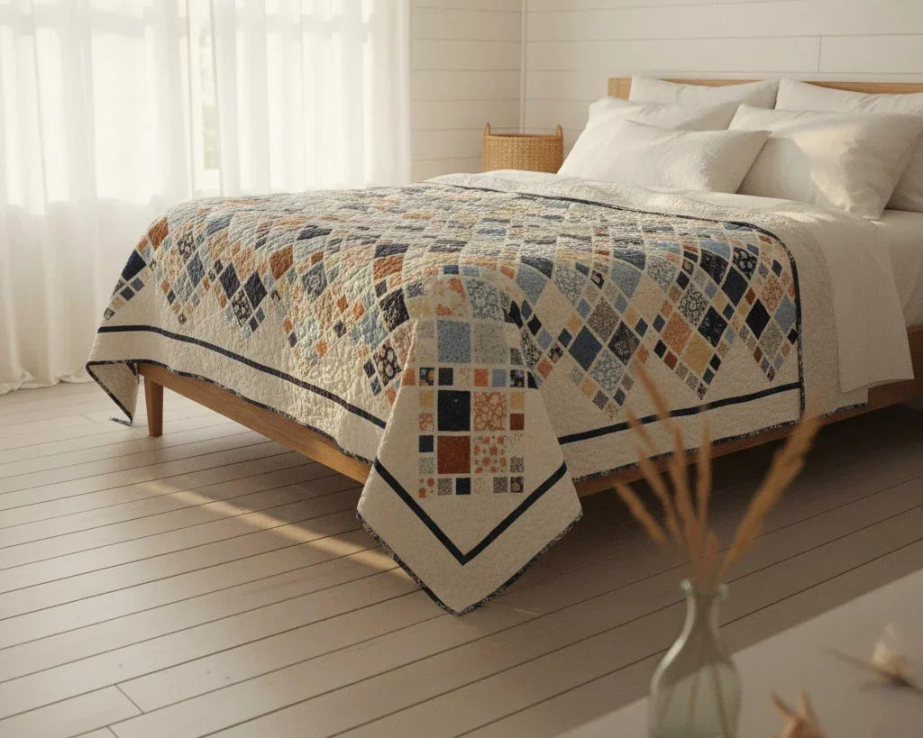 King-size handmade quilt in soft neutrals and coastal blues, displayed on a wooden queen sized bed in a bright, minimalist bedroom with white shiplap walls and gentle morning light.