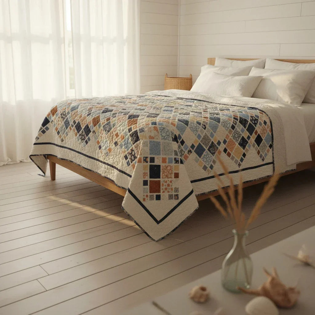 King-size handmade quilt in soft neutrals and coastal blues, displayed on a wooden queen sized bed in a bright, minimalist bedroom with white shiplap walls and gentle morning light.