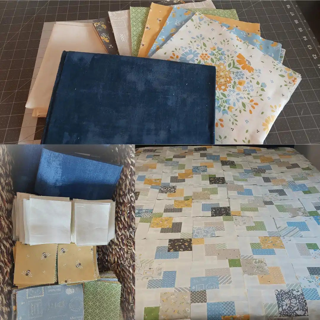 Images showing  process of making a quilt from selecting fabric to cutting to laying out the block