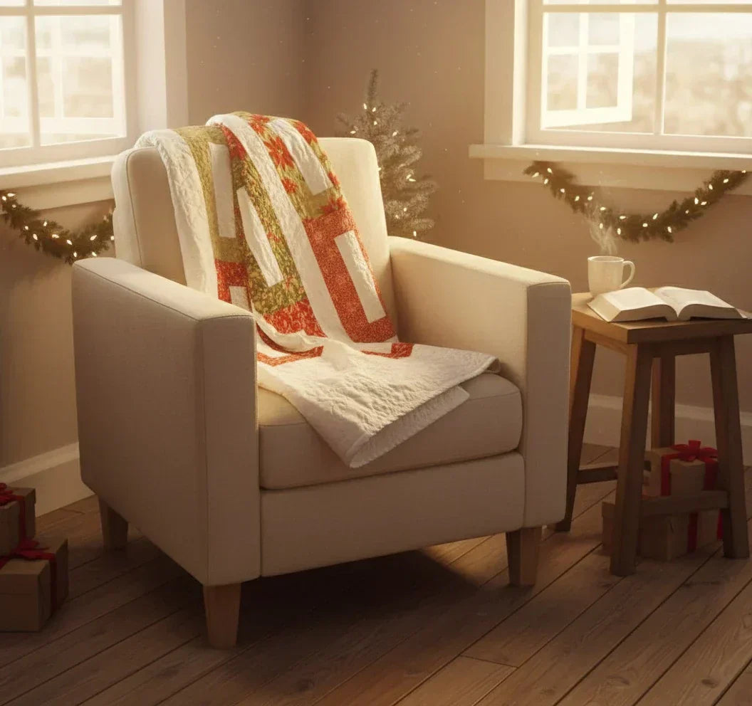 Traditional Minimal Holiday throw shown over an upholstered chair with some holiday decorations nearby