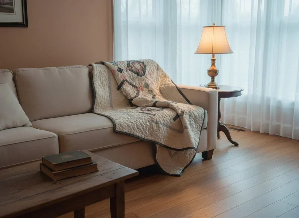 Twin Floral Handmade Quilt shown on sofa in softly lit minimal living room