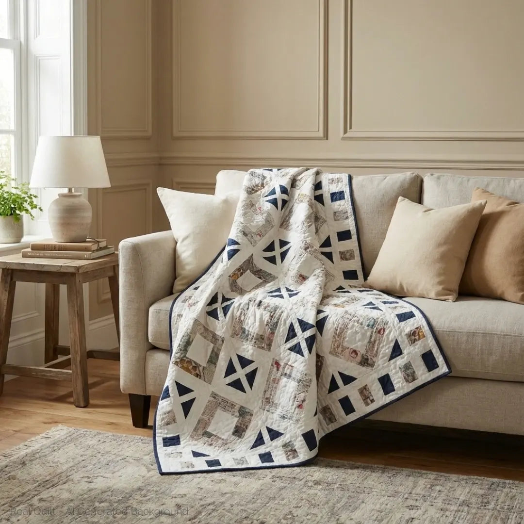 Wayfarer's Path lap quilt draped on a neutral sofa adding color to a neutrally decorated room