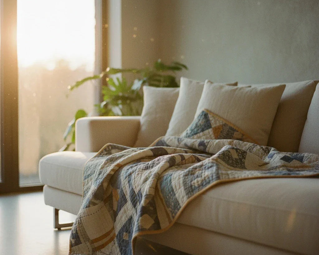 Quilt shown on a sofa in early morning lighting