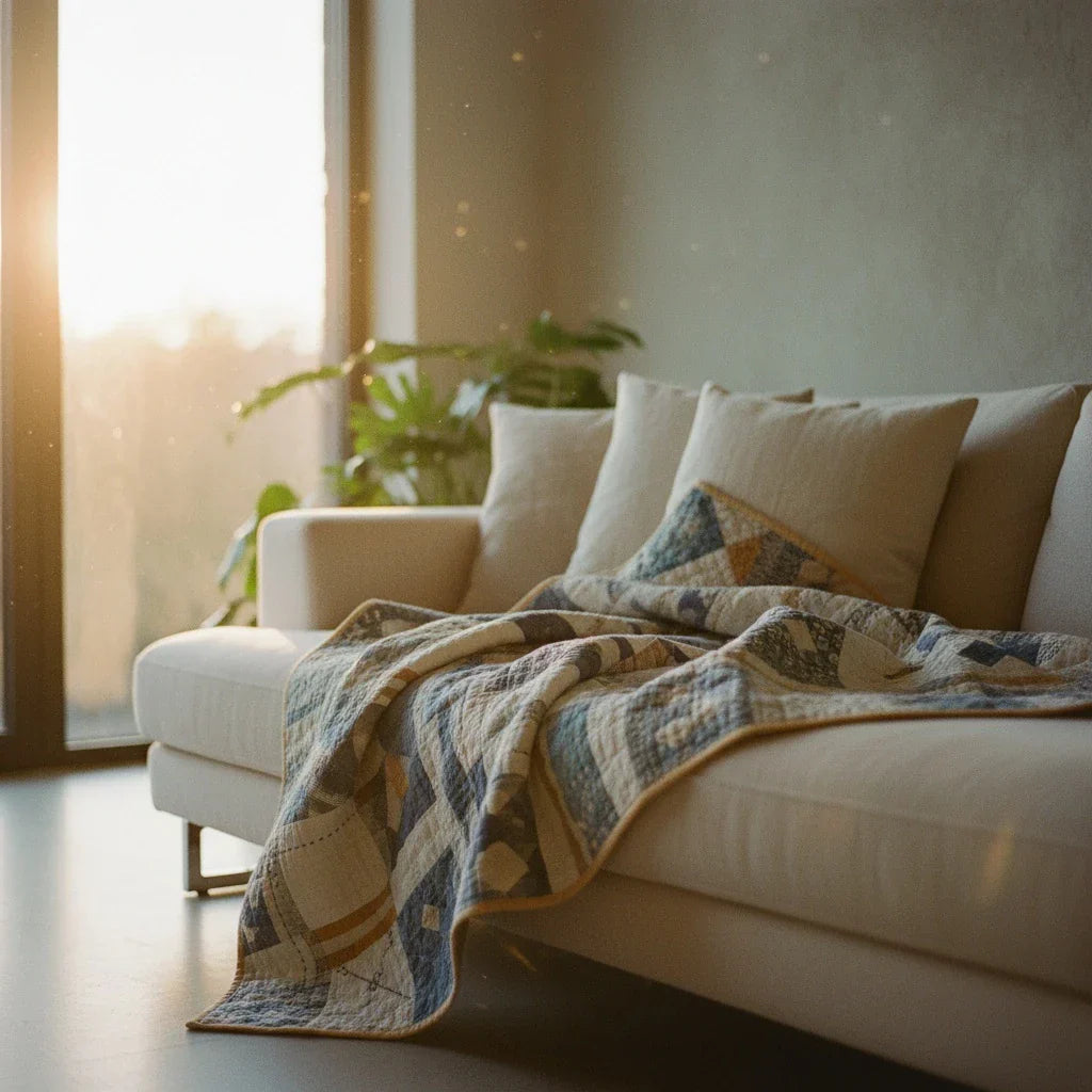 Quilt shown on a sofa in early morning lighting