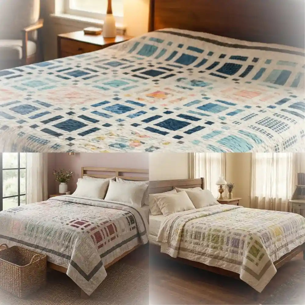 three different lifestyle scenes showing the newest queen quilts