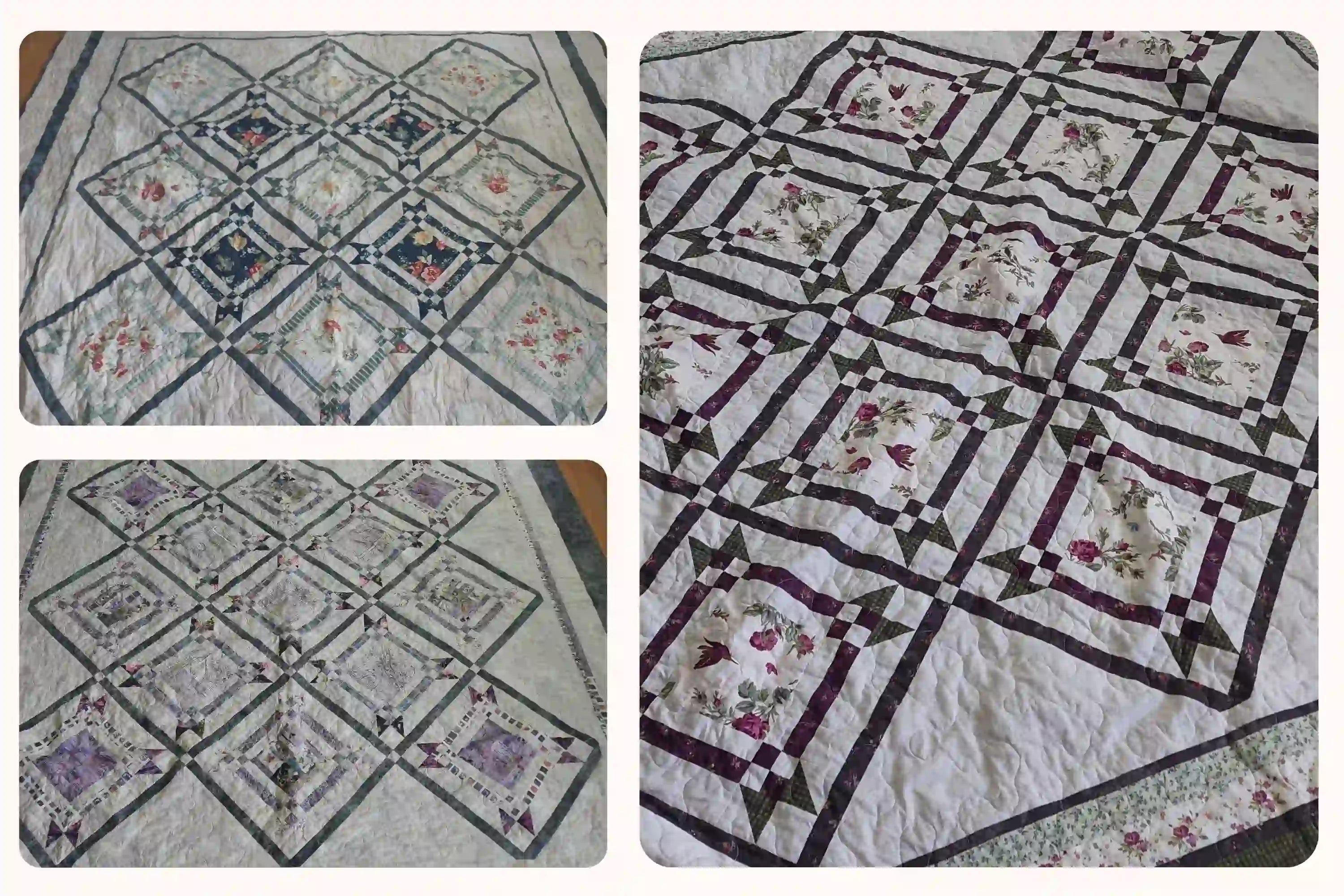 Collage of three twin quilts - Avonlea Garden, Framed Botanicals, and Gathered Correspondence
