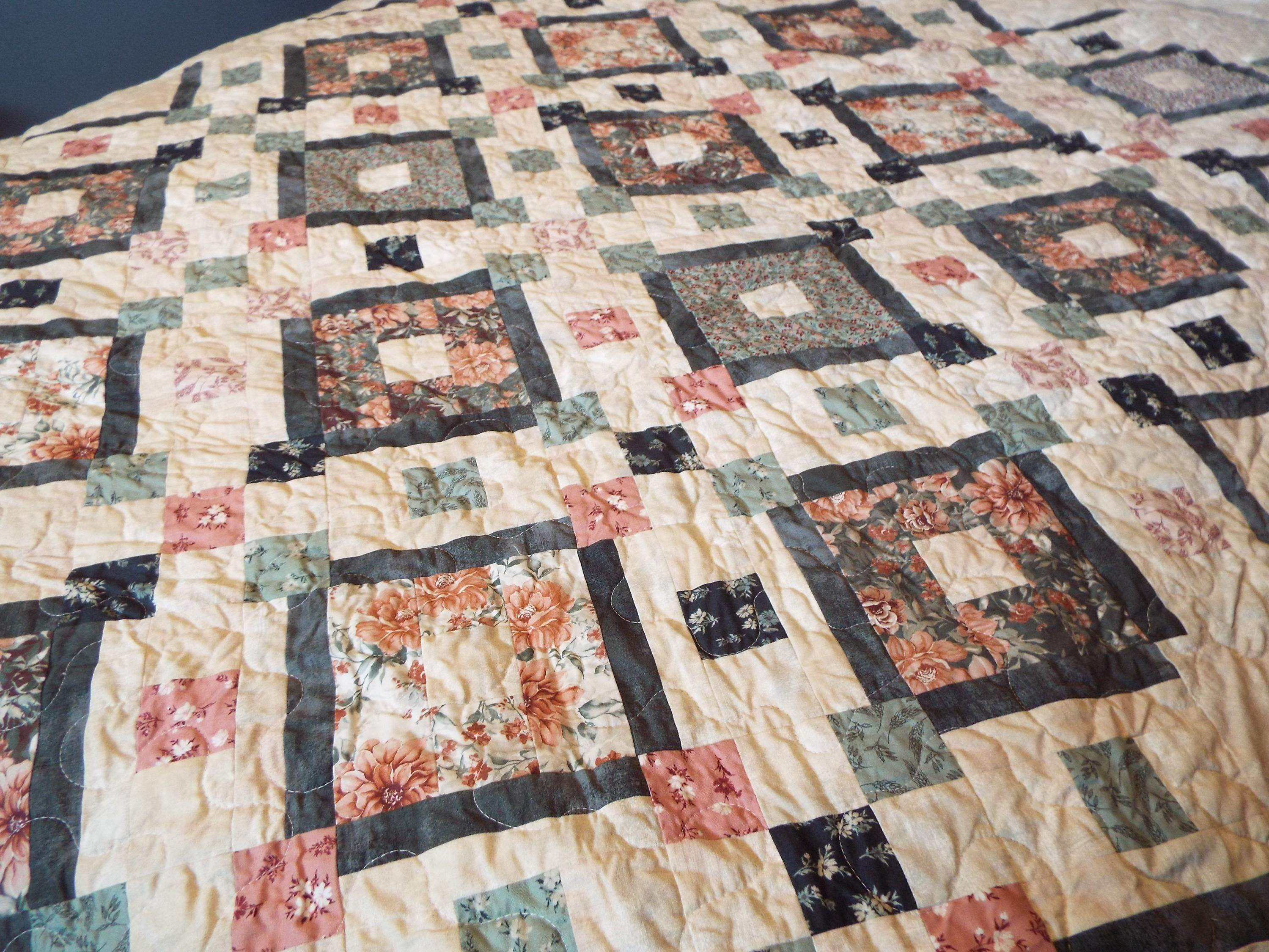 Handmade Twin Floral Quilt in Rose, Green, and Gray with Cream Background - SQ Squared Creations