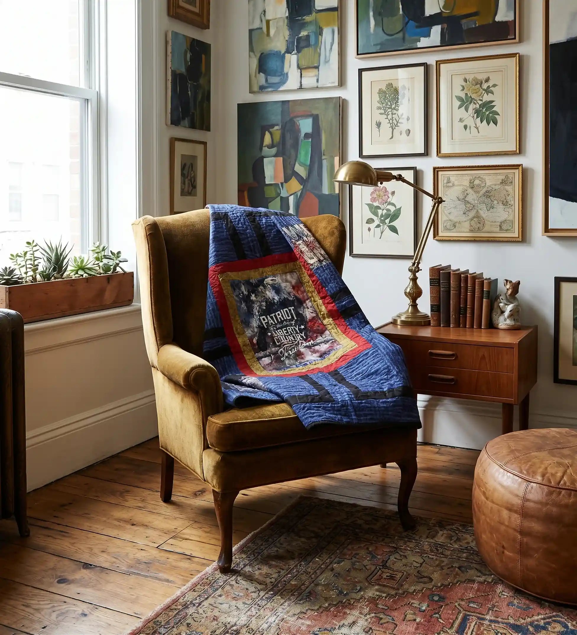 A cozy room scene with a mustard yellow armchair draped with Air Force Eagle Throw Quilt. The chair sits beside a wooden side table with a brass lamp and books, against a wall covered in framed botanical and abstract prints.