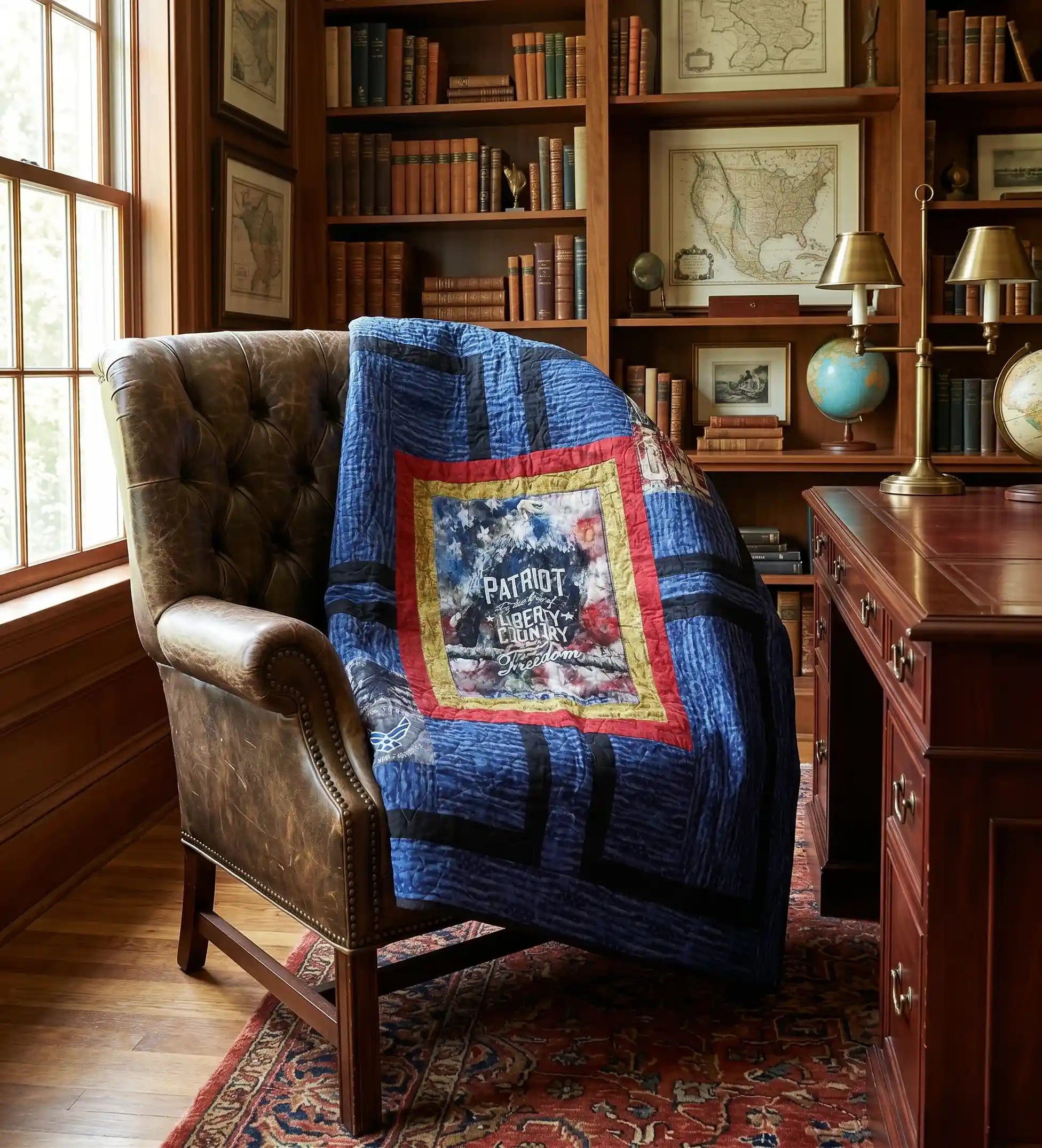 Air Force Eagle Throw Quilt is draped over a brown leather armchair in a classic wood-paneled study with bookshelves and a desk.