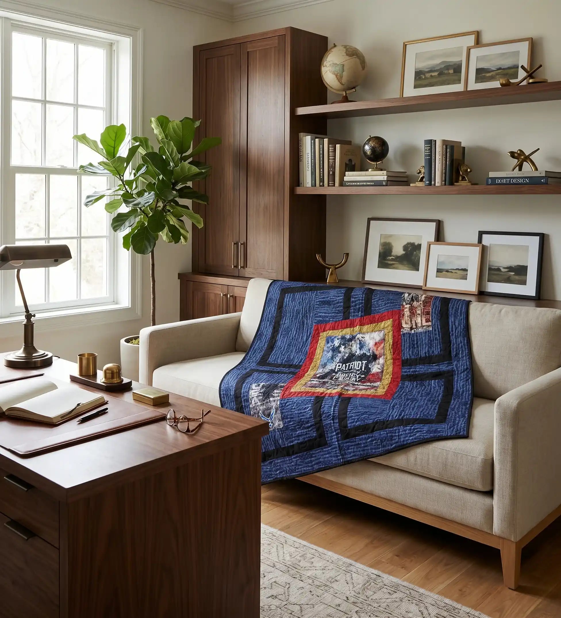 Air Force Eagle Throw Quilt is styled on a beige sofa in a warm, modern living room.