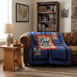 Air Force Eagle Throw Quilt is draped over a brown leather Chesterfield sofa in a living room setting.