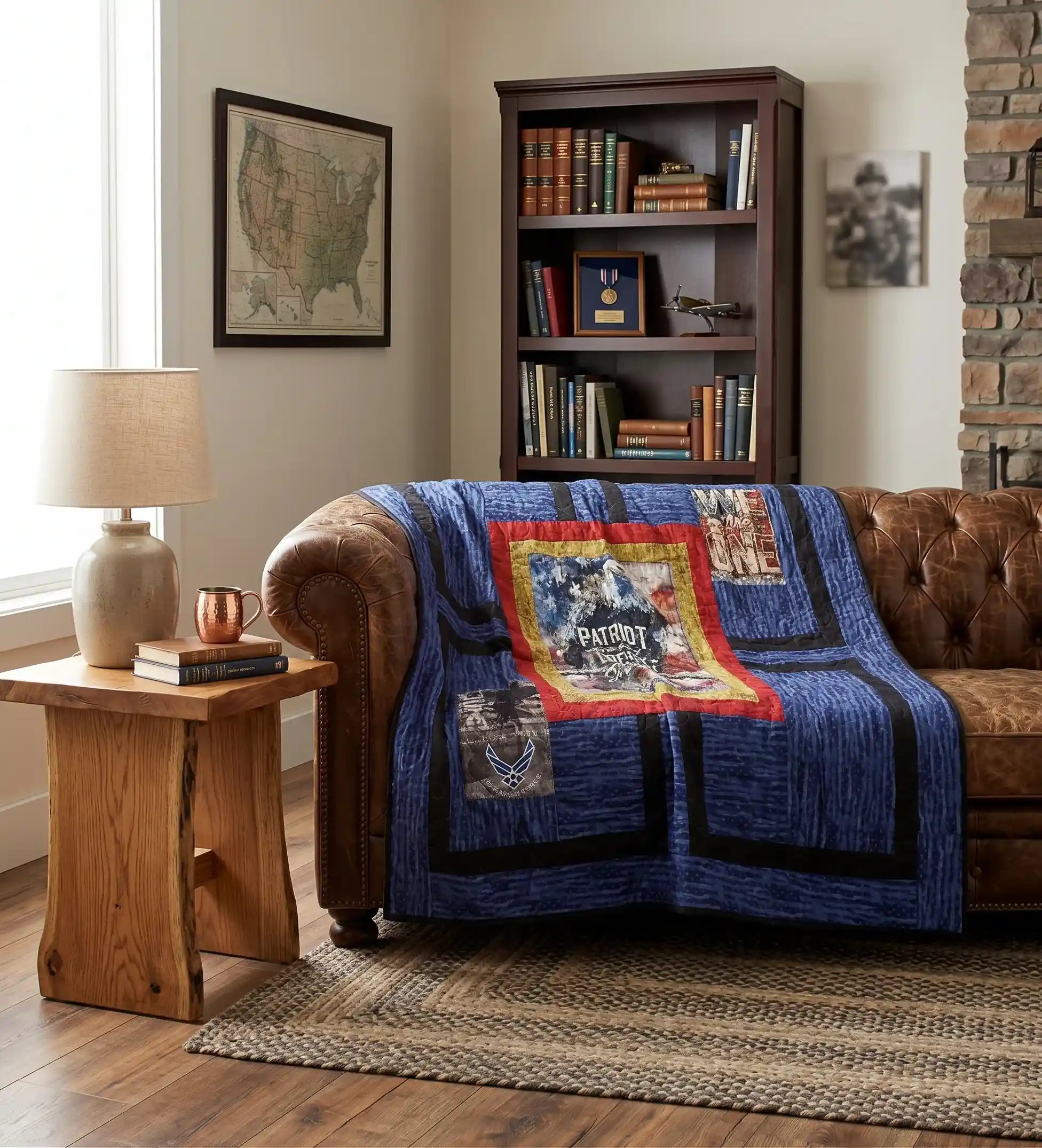 Air Force Eagle Throw Quilt is draped over a brown leather Chesterfield sofa in a living room setting.