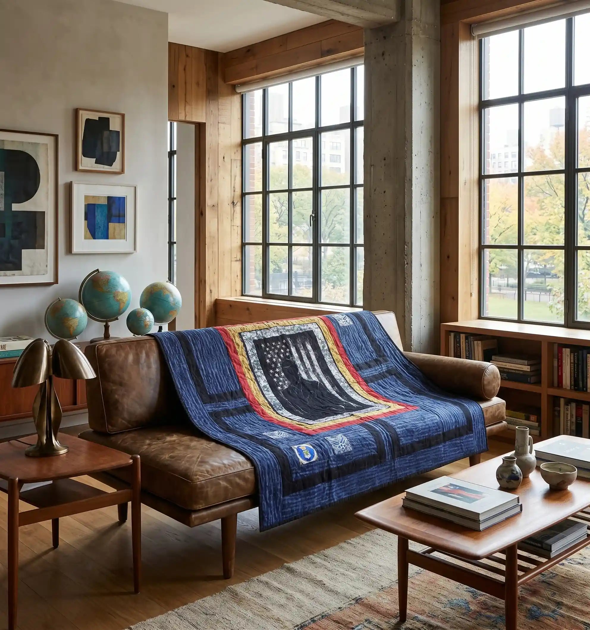 Air Force Airman Throw Quilt is draped over a brown leather sofa in a modern, sunlit living room with wood walls, windows, and bookshelves.