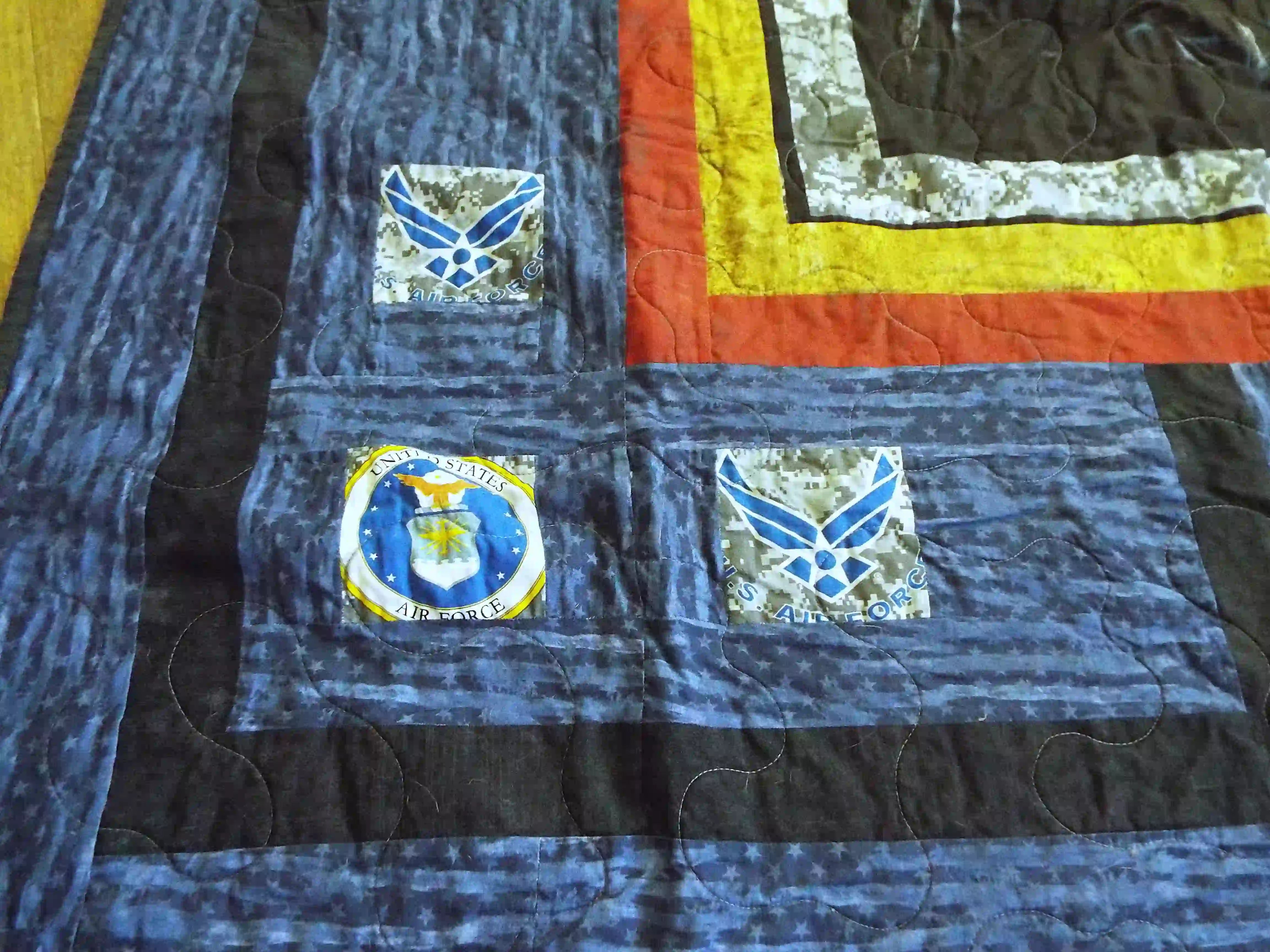 Close up of stitching on Air Force Airman Throw Quilt.