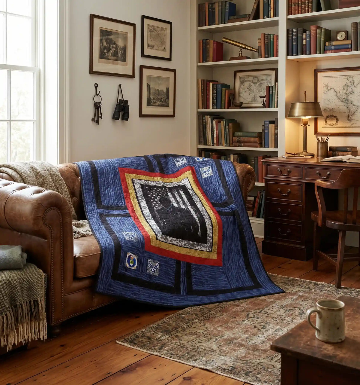 Air Force Airman Throw Quilt shown over a camel colored sofa in a heritage-study styled room.