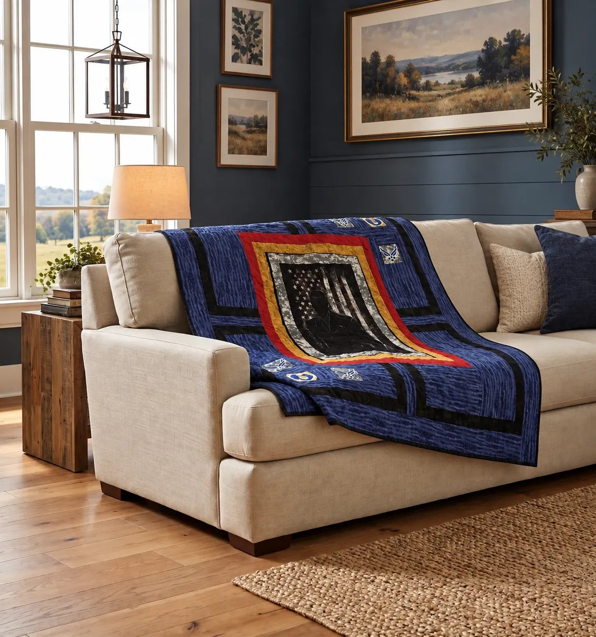 Air Force Airman Throw Quilt shown on a cream sofa in a simply decorated living room.