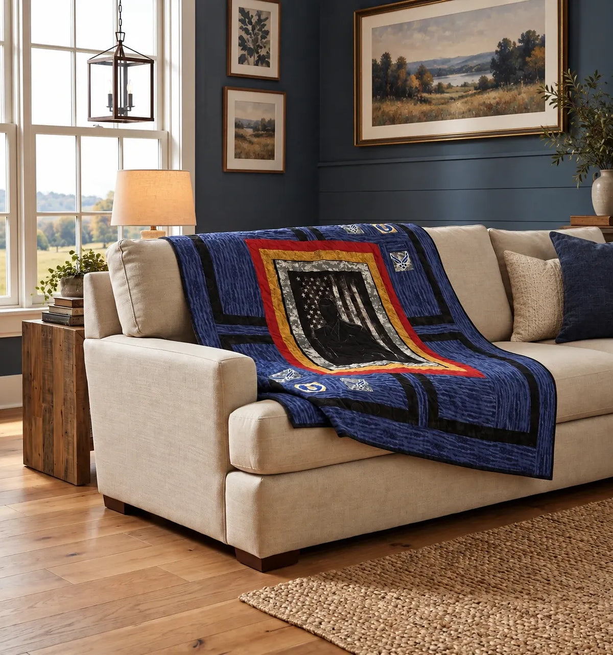 Air Force Airman Throw Quilt shown on a cream sofa in a simply decorated living room.