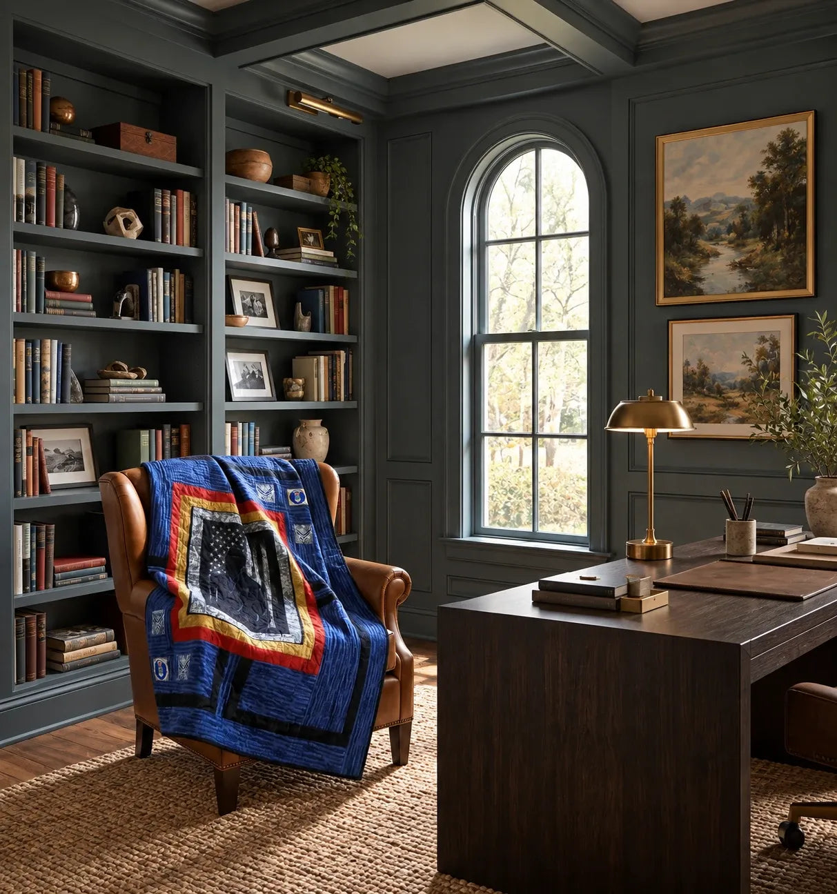 A styled home office interior with dark teal paneled walls, built-in bookshelves, a large wooden desk, a leather armchair draped with Air Force Airman Throw Quilt, and framed landscape paintings on the wall.