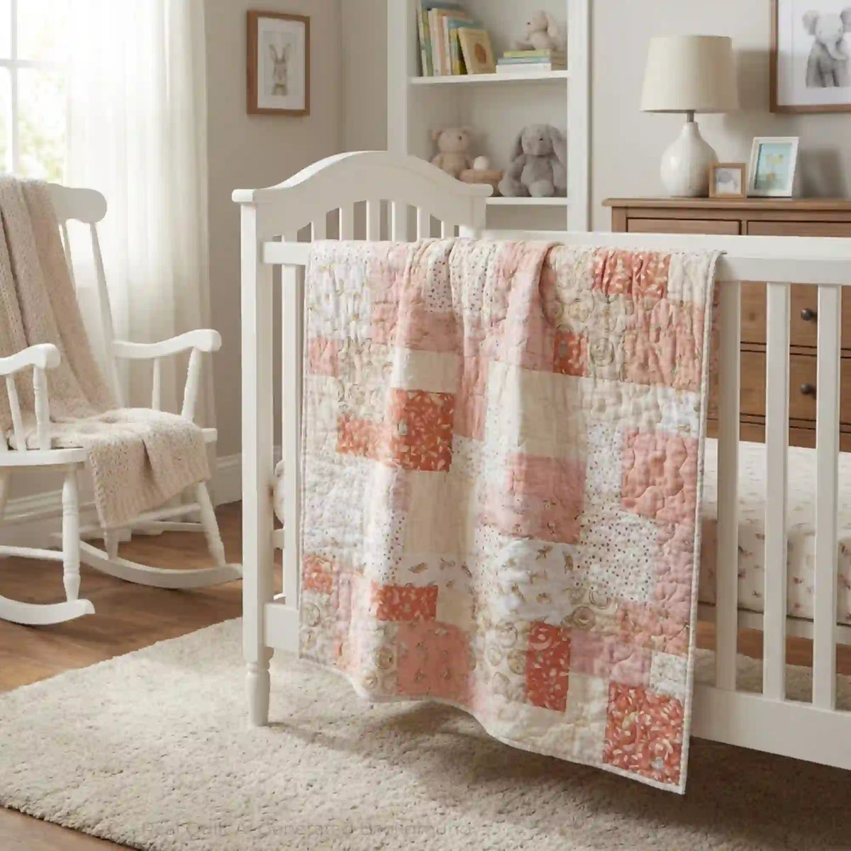 Quilt draped over a crib in a neutral nursery