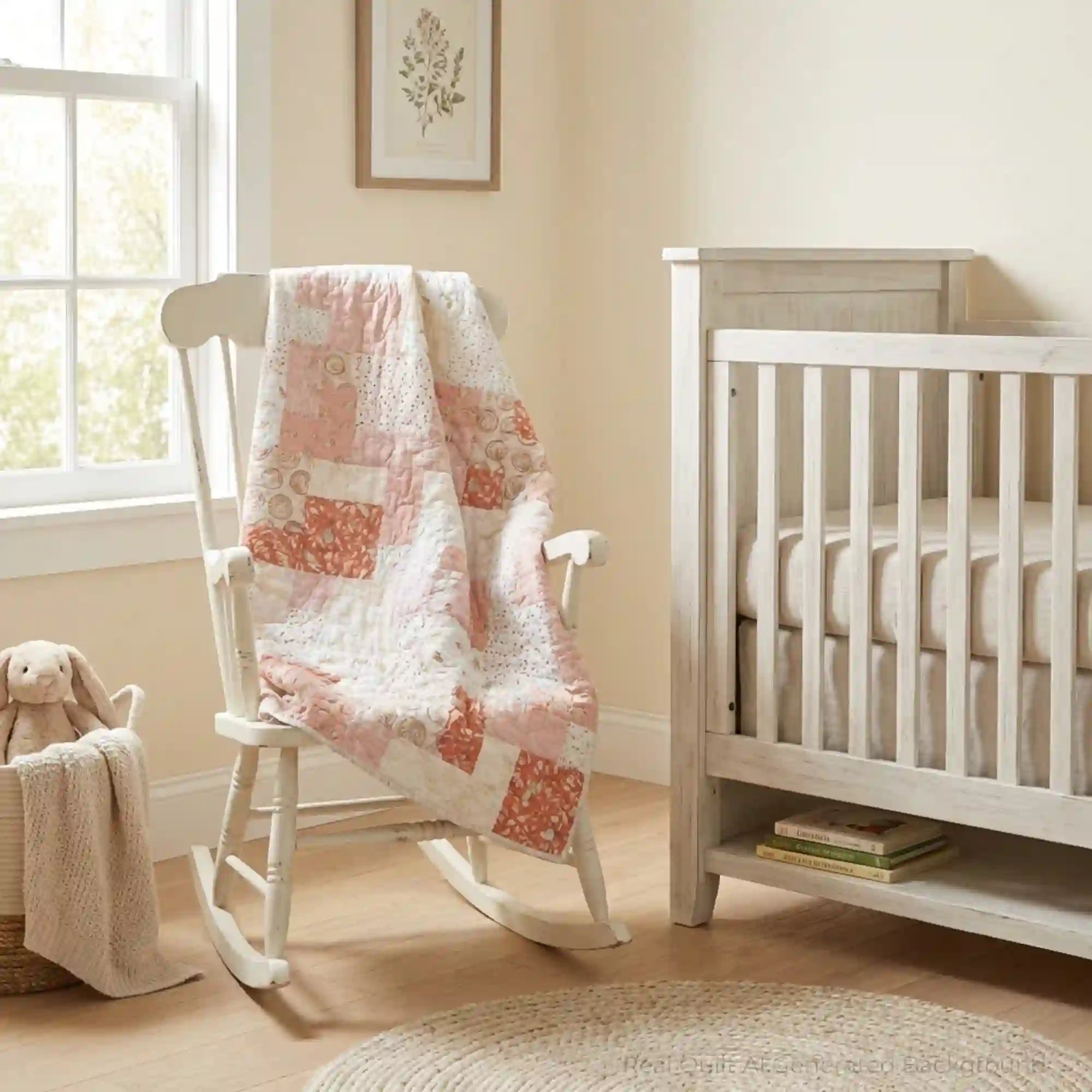 Quilt shown draped over rocker in neutral nursery