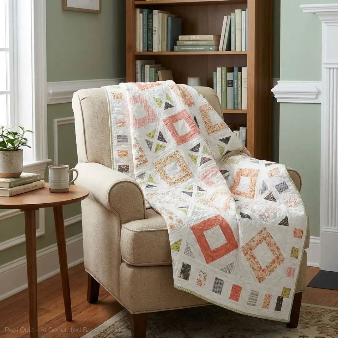 Handmade lap quilt draped over a chair in a reading nook.