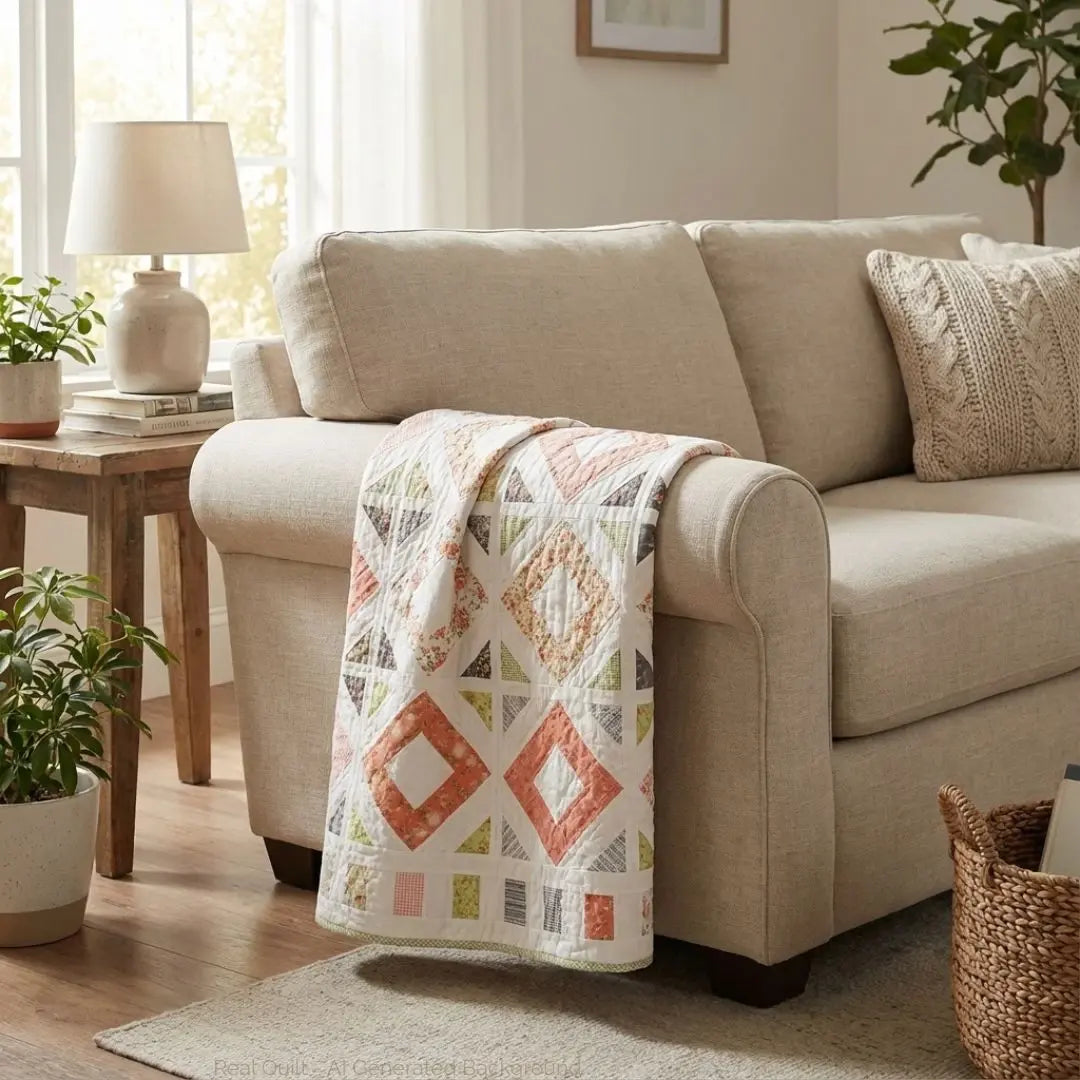 Handmade lap quilt shown folded over the arm of a sofa.