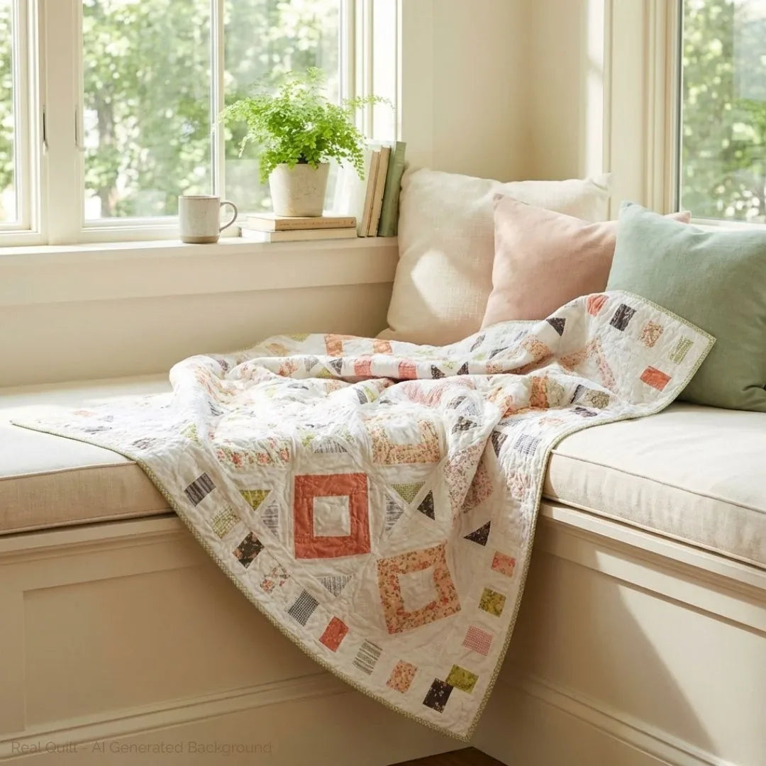 Handmade lap quilt shown in a corner window seat.