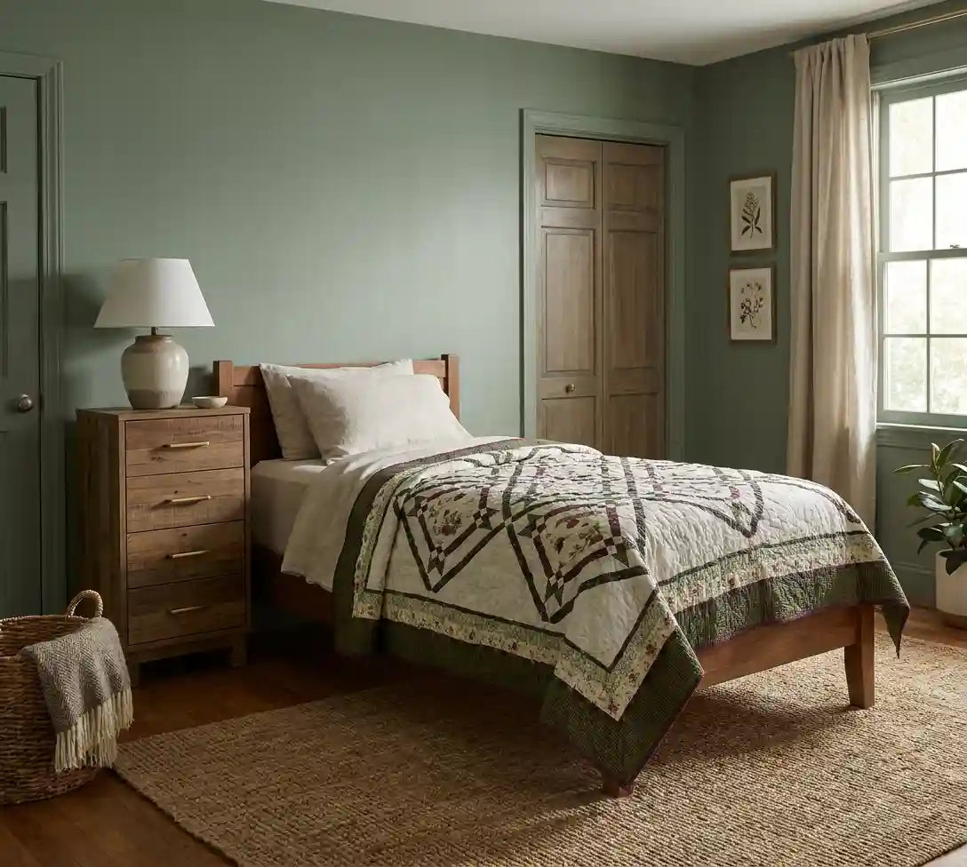 Avonlea Garden Twin Quilt shown in simple sage room with wooden furniture.