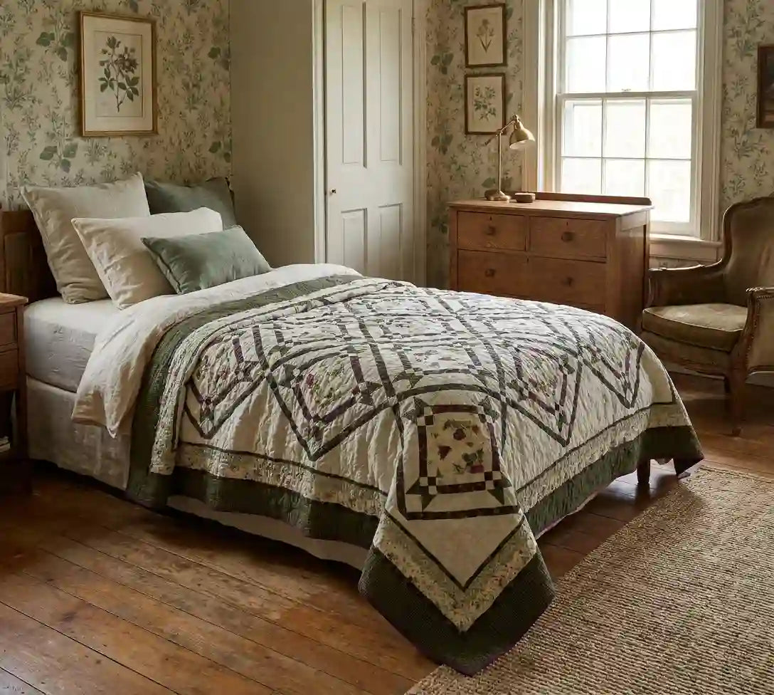 Avonlea Garden Twin Quilt shown in an English country inspired bedroom with botanical wallpaper.