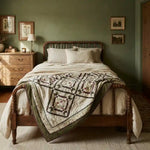 Avonlea Garden Twin Quilt in sage room with antique spindle bed.