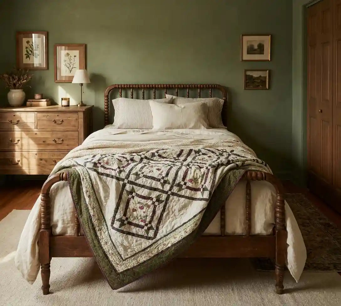 Avonlea Garden Twin Quilt in sage room with antique spindle bed.