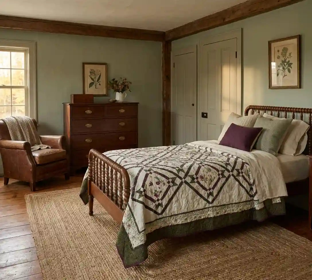 Avonlea Garden Twin Quilt shown in a traditional farmhouse inspired room with leather chair and wooden furniture.